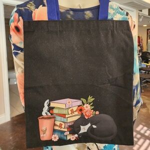 Cat Books and Coffee Black Canvas Tot Bag Blue Handles 13×14 reusable whimsy fun